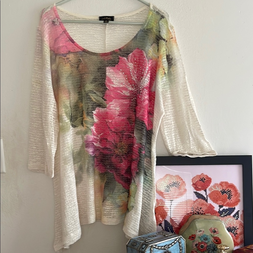 Floral Knit Tunic with Pink and Green Accents